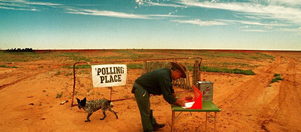 (AUSTRALIA OUT) The Big Picture. Getting out to vote takes on a new context in the far west of New South Wales, with a mobile polling booth making its way around remote properties. Bill O'Connor marks his ballot on his 165,000-hectare property Narriearra, about 60 kilometres from Tibooburra, 29 February 1996. SMH Picture by STEVEN SIEWERT (Photo by Fairfax Media/Fairfax Media via Getty Images)